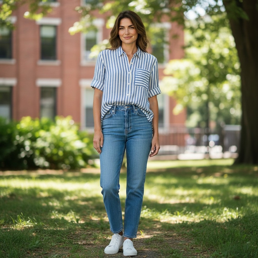 Faherty Women's Medium Blue White Striped 100% Linen Short Sleeve Button Shirt